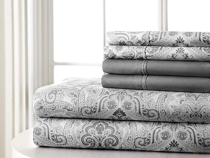 Full Size Bed Sheets Set Deep Pockets - 6PC Paisley Ultra Soft Microfiber Bed Sheets Set - Easy to Clean, 90 Thread Count Sheets with Fitted Sheet, Flat Sheet & Pillowcases (Dark Grey)