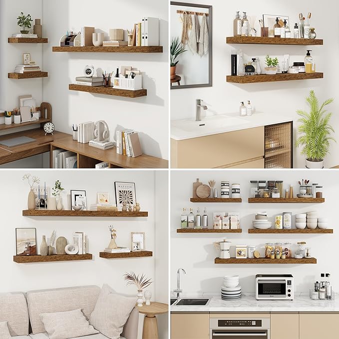 fuqing Floating Shelves for Wall, Bathroom Shelf Wall Mounted for Storage, Shelves with Invisible Bracket for Bedroom, Kitchen, Living Room, Farmhouse Small Book Shelf, 6.5 Inch Set of 3, Rustic Brown