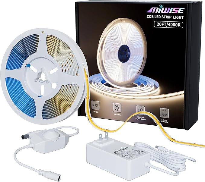 MIWISE COB LED Strip Light 20ft/6.1m,CRI 90+ Natural White 4000K High Lumen Dimmable Super Bright Flexible DC24V LED Tape Light with Controller/Dimmer,for Cabinet Home Office DIY Lighting Projects