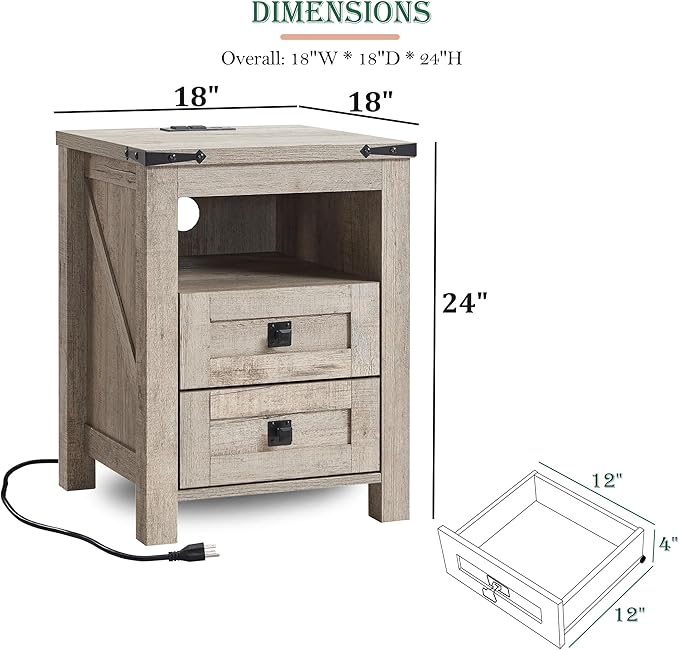 RedLemon Farmhouse Nightstand with Charging Station, Rustic 18 Inch End Table with 2 Storage Drawers and Open Shelf, Wood Sofa Side Table for Bedroom, Living Room (Light Rustic Oak)