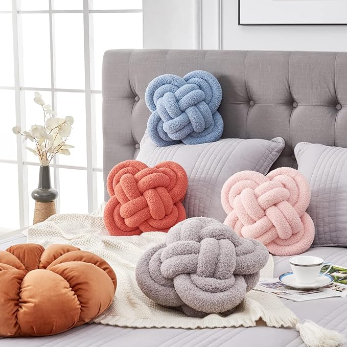 Xiashrk Knot Pillow Ball, 12" Soft Decorative Throw Pillows for Couch Bed, Grey Knotted Plush Throw Pillow Handmade Square Cushion Home Couch Decor Pillows for Living Room
