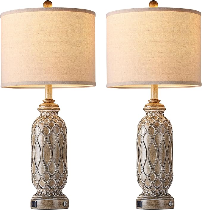 Farmhouse Lamps for Living Room Set of 2, 28" Table Lamps for Bedroom with USB Ports, 3-Way Dimmable Nightstand Table Lamp (Bulbs Included)