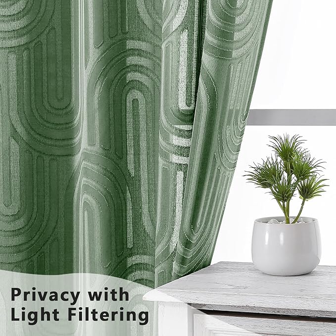 Simplebrand Sage Green Sheer Curtains, 42W x 45L Inches, 2 Panels, Geometric Mid Century Jacquard Clip Textured, Light Filtering, Rod Pocket, Bedroom, Living Room