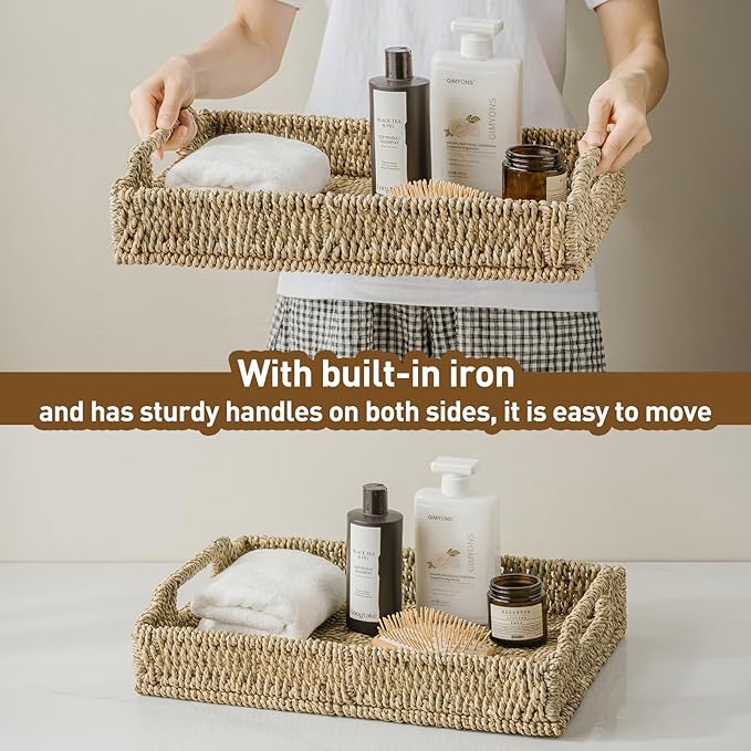 Wicker Scalloped Serving Tray with Handles - Seagrass Handwoven Trays,Water Hyacinth Tray for Home Decor and Living Room, Dining Table, Bathroom Organizing, 16.9" L x 12.9" W x 1.96" H