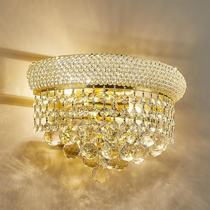 2-Lights Empire Crystal Wall Sconce Light for Living Room Dining Room Bathroom Vanity Mirrors Hallway Bedroom Closet Stairway (Gold)