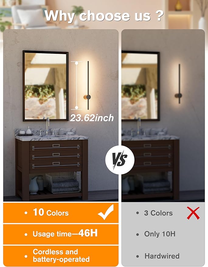 Battery Operated Wall Sconces Set of 2,10000mAh Rechargeable Wireless Sconces with Remote Control,Halloween Decor Dimmable Wall Lamps with 7 Colors,23.6 Inch Modern Black Wall Lights