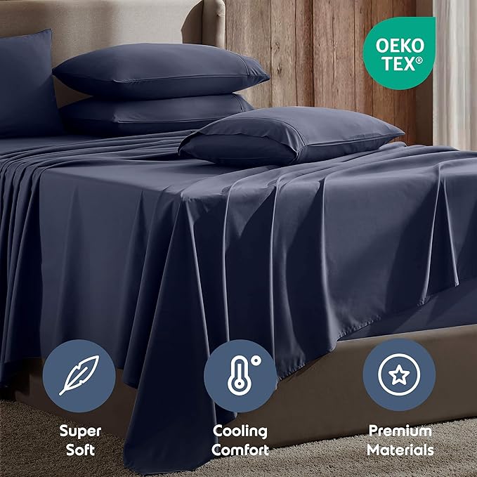 Nestl Extra Deep Cal King Sheet Set - 6 Piece Breathable & Cooling Sheets - Hotel Luxury Bedding Set w/18-24 Inch Deep Pockets - Easy & Secure Fit - Super Soft, Wrinkle Free & Comfy - Navy Blue