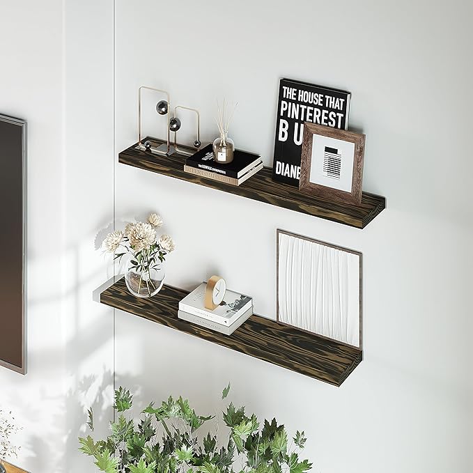 24'' Pine Wood Floating Shelves for Wall- Set of 2 - Rustic Wall Mounted Wooden Shelf for Stylish Home Dรฉcor (Dark Brown, 24x6.5x1.25), 2pcs