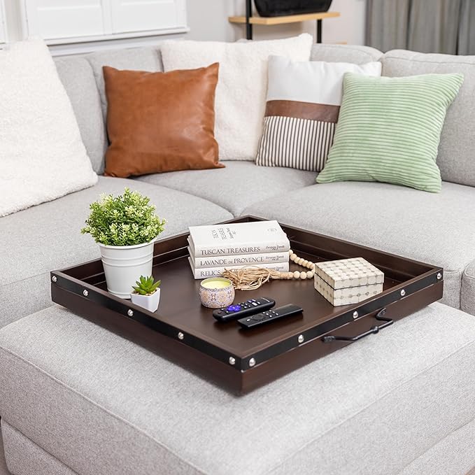 24"x24" Extra Large Square Ottoman Tray, Heavy Duty Mango Wood, for Serving Tea, Breakfast in Bed, Living Room Large Coffee Table Tray Rustic with Farmhouse Style, Decorative Handles and Accent Strap