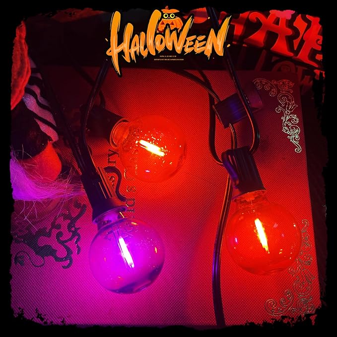 25FT G40 LED Outdoor Halloween String Lights, Orange and Purple Halloween Decorations Lights with 27 Shatterproof Globe Bulbs(2 Spare), Hanging Patio Lights for Holiday Balcony Backyard Party Garden