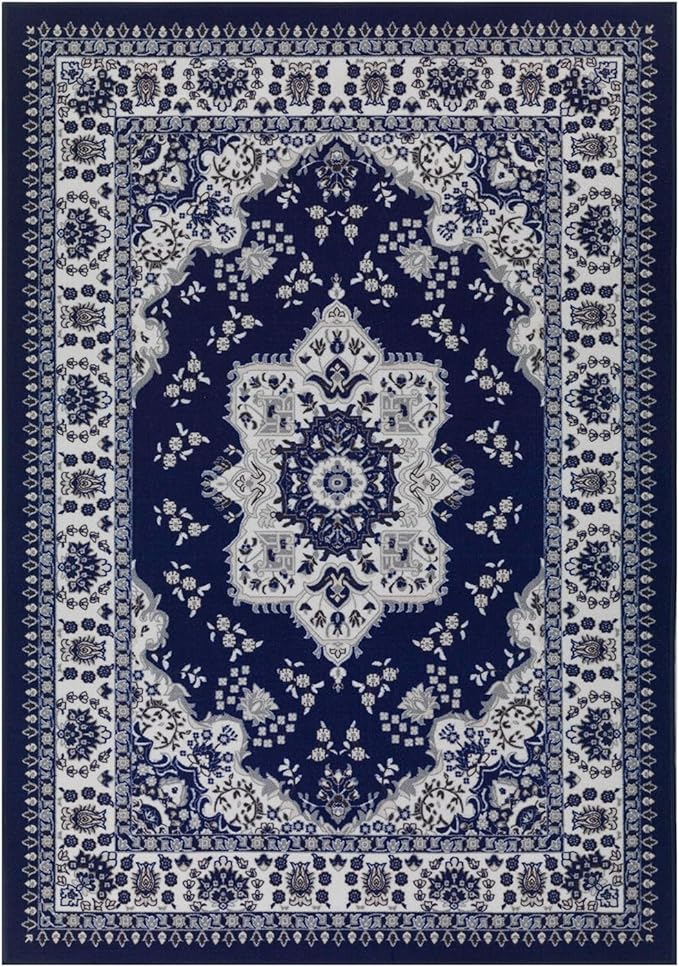 Antep Rugs Alfombras Oriental Traditional 5x7 Non-Skid (Non-Slip) Low Profile Pile Rubber Backing Indoor Area Rugs (Navy Blue, 5' x 7')