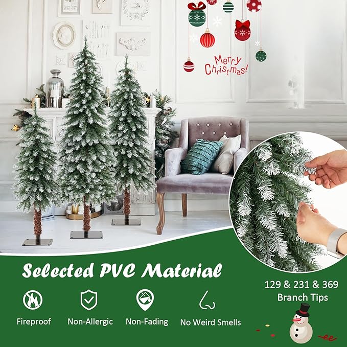 GOFLAME Set of 3 Prelit Christmas Tree, Pencil Artificial Christmas Tree 3Ft, 4Ft and 5Ft with Warm White LED Lights, Slim Christmas Trees with Snowy Leaves, Xmas Decoration Tree for Home Office Party