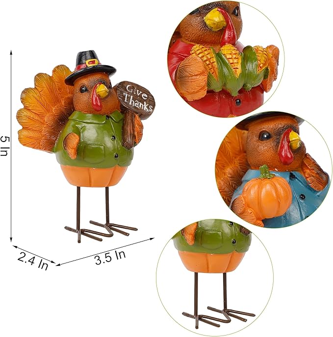 FORUP Thanksgiving Turkey Tabletop Centerpiece Decor, Set of 3 Resin Turkey Friends Decoration for Autumn Fall Thanksgiving Harvest Home Decorations