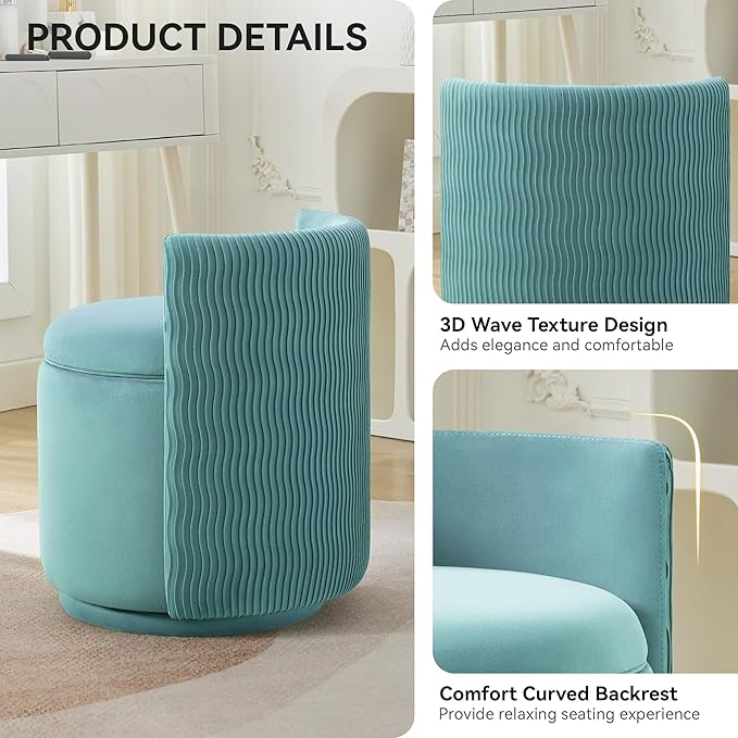 Velvet Vanity Chair with Storage, 360° Swivel Makeup Chair with Wave Back, No Assembly Small Accent Stool for Bedroom, Dressing, Living Room, Teal