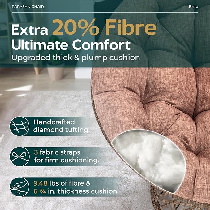 Bme 40" Ergonomic Wicker Papasan Chair with Soft Thick Density Fabric Cushion, High Capacity Steel Frame, 360 Degree Swivel for Living, Bedroom, Reading Room, Lounge, Cinnamon Mocha - Brown Base