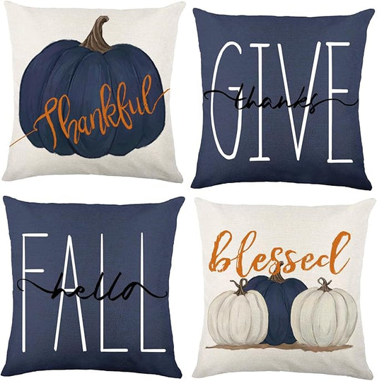 Fall Pillow Covers 20 x 20 Inch Blue Pumpkins Throw Pillow Covers for Farmhouse Autumn Cushion Covers Thanksgiving Pillow Case for Indoor Home Bedroom Sofa Decor