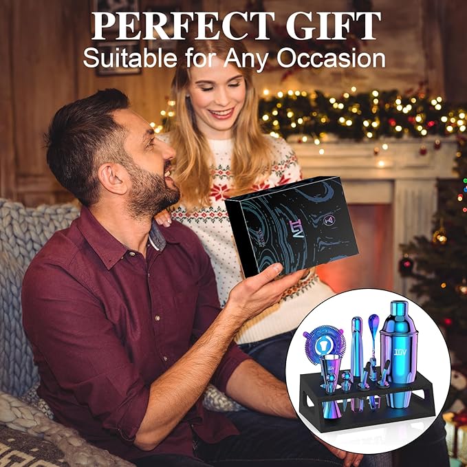 IOV Mixology Bartender Kit with Stand | 12-Piece Cocktail Shaker Set | 24oz Martini Shaker Set for Drink Mixing | Bar Set Includes All Bar Tools and Recipe Booklet | Fun Housewarming Gift (Rainbow)