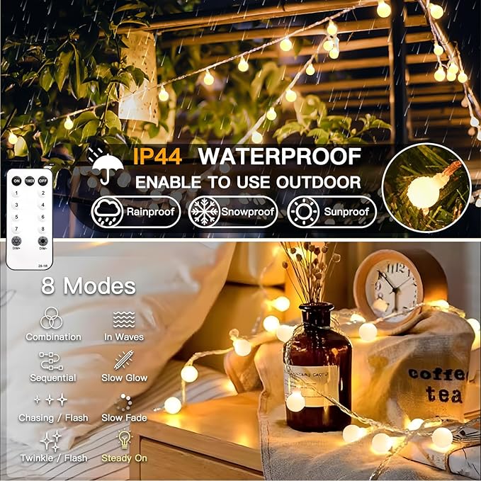 suddus String Lights for Bedroom, 66ft 200 Led Connectable Globe String Lights Indoor, Hanging Fairy Lights Plug in with Remote for Kids Room Dorm Classroom Outdoor Christmas Tree Decor, Warm White