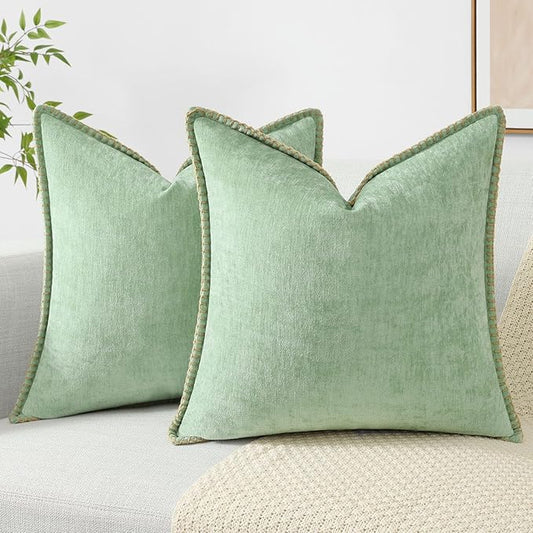decorUhome Christmas Chenille Soft Throw Pillow Covers 18x18 Set of 2, Farmhouse Velvet Neutral Decorative Euro Pillow Covers with Stitched Edge for Couch Sofa Bed Home Decor, Sage Green