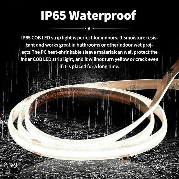 COB led Strips Lights,DC24V Outdoor led Strip,Cool White 6000K,320LEDs/M,8MM Wide,16.4ft/5M,CRI90+ IP65 Waterproof Strips Light for Bathroom Decor,Pool,Aquariums(Not Included Power)