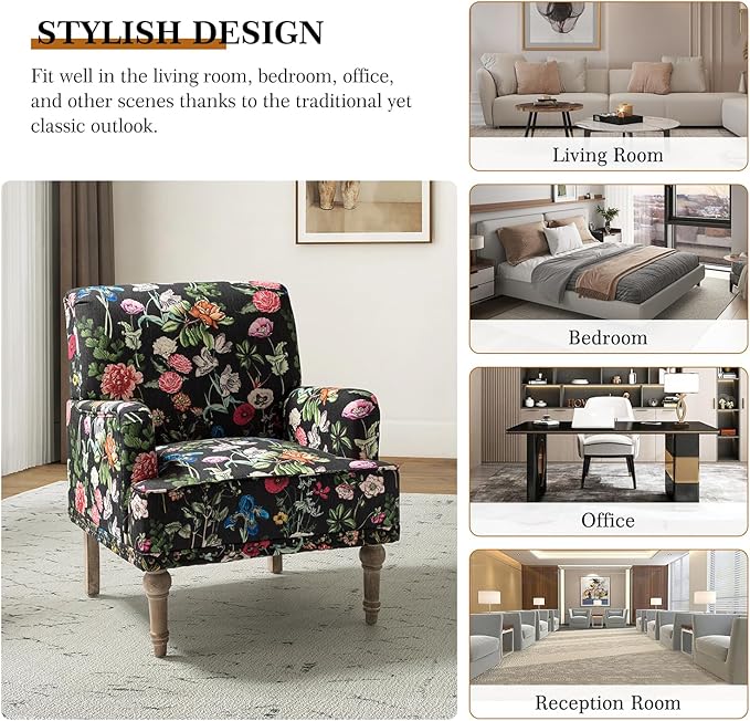 HULALA HOME Modern Armchairs Set of 2 with Wooden Legs & Nailhead Trim, Comfy Upholstered Accent Chairs for Living Room Bedroom (Floral Patterns, Black)