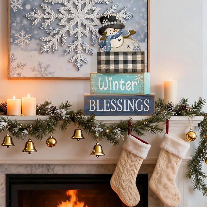 4 Pcs Christmas Table Decorations Winter Tiered Tray Decor Playful Snowman Decor Indoor Rustic Wooden Decorative Snowman Block Sign Gift Snowflake Centerpiece Farmhouse Xmas Signs for Kitchen