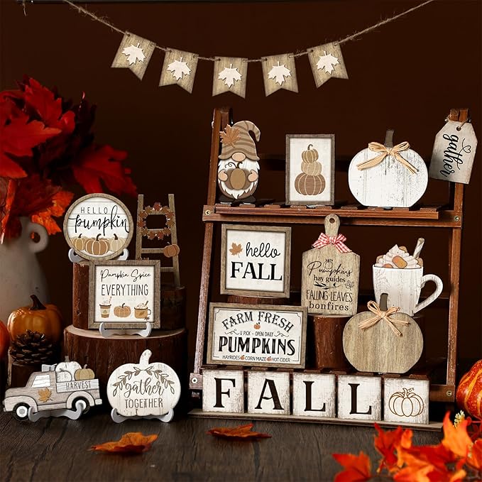 24 Pcs Fall Tiered Tray Decoration Set Thanksgiving Table Sign Pumpkins Farmhouse Decor Gnome Maple Leaves Decorative Trays Harvest Wood Blocks Signs Fall Block Tabletop for Autumn