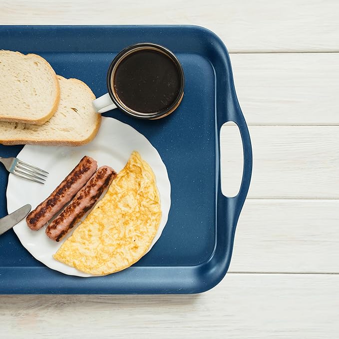 KINGEN 2-Pack Navy Blue Bamboo Fiber Serving Trays - 18×13-inch Extra Large w/Handles Tray, Platters for 4th of July, Christmas, BBQ, Picnic, Outdoor Dining - Durable, Lightweight (Classic Blue)