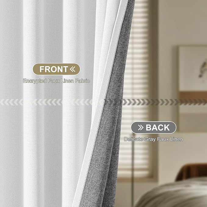 100% Blackout Curtains for Bedroom 90 inch Length 2 Panels Set, Farmhouse Linen Textured Full Light Blocking Room Darkening Thermal Insulated Drapes for Living Room (W52xL90, White)