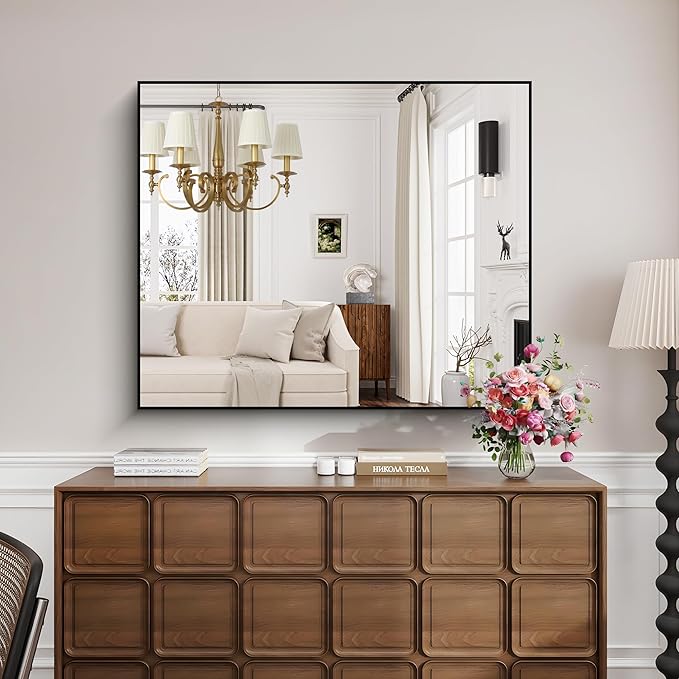 KOCUUY Black Bathroom Mirror, 40"x48" Large Rectangular Mirror with Metal Frame, Black Vanity Mirror with Modern Design for Bathroom, Living Room, Entryway, Hang Horizontal/Vertical