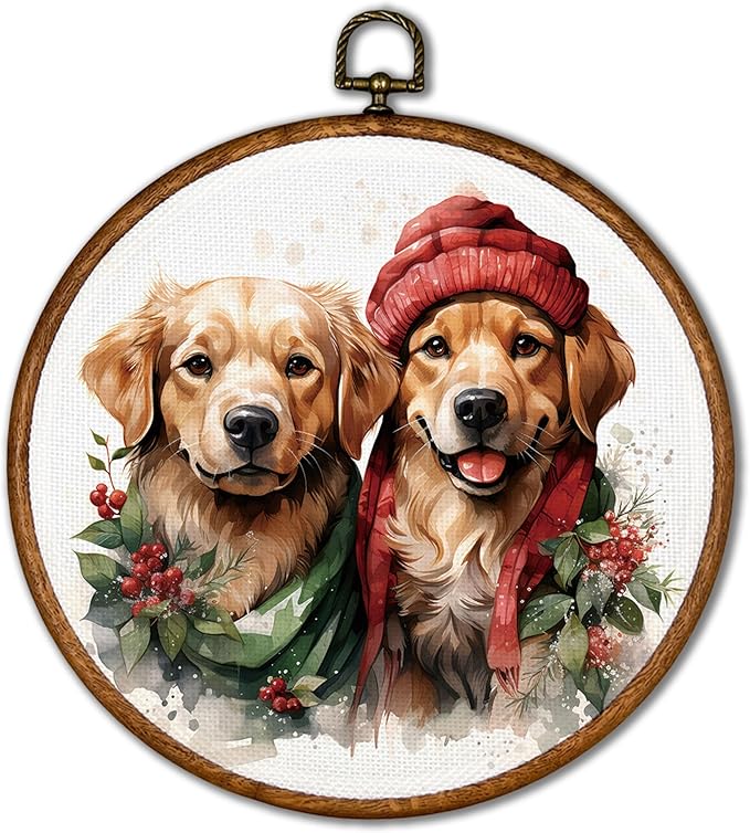 KSDUT Dog Christmas Wall Decor Art - Cute Golden Retriever Wall Art Canvas Frame Hanging Prints, Dog Puppy Xmas Holiday Round Wall Art Decor for Home Bedroom Decorations 10"x10"
