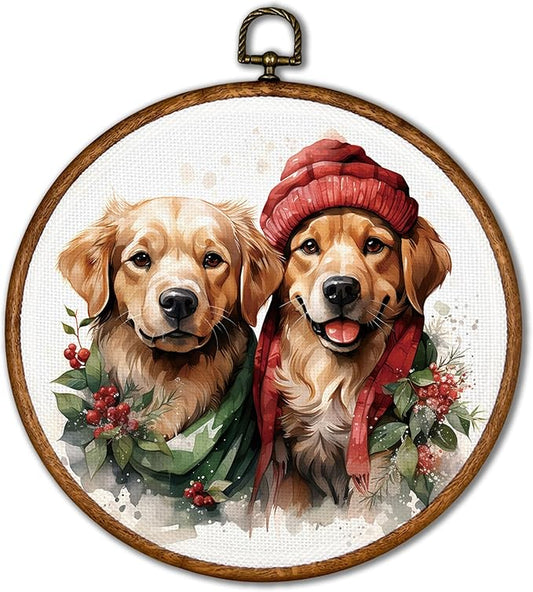 KSDUT Dog Christmas Wall Decor Art - Cute Golden Retriever Wall Art Canvas Frame Hanging Prints, Dog Puppy Xmas Holiday Round Wall Art Decor for Home Bedroom Decorations 10"x10"