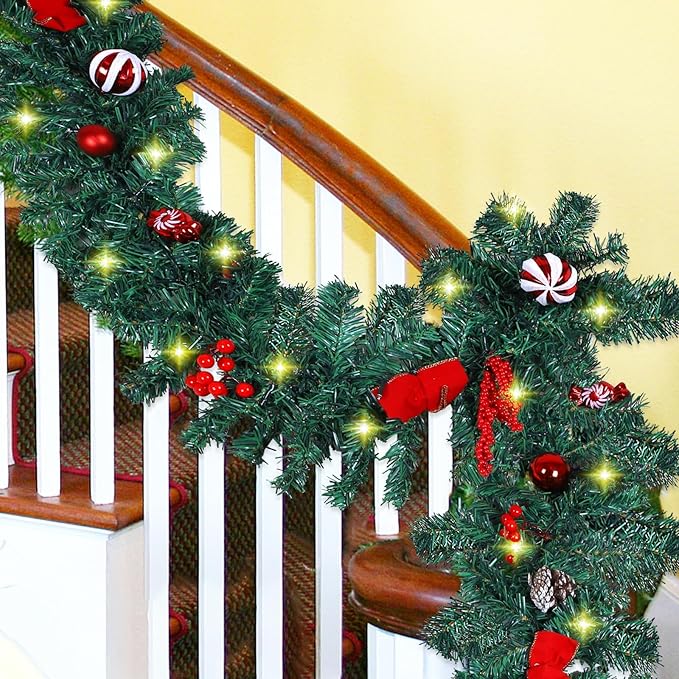 MorTime 2 Pack 9 FT LED Christmas Garland with Pinecones Red Berries Bows Christmas Balls Candies, Multi-Function Christmas Garland with 50 Warm White LED Lights, 180 Branch Tips