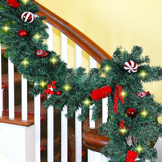 MorTime 2 Pack 9 FT LED Christmas Garland with Pinecones Red Berries Bows Christmas Balls Candies, Multi-Function Christmas Garland with 50 Warm White LED Lights, 180 Branch Tips