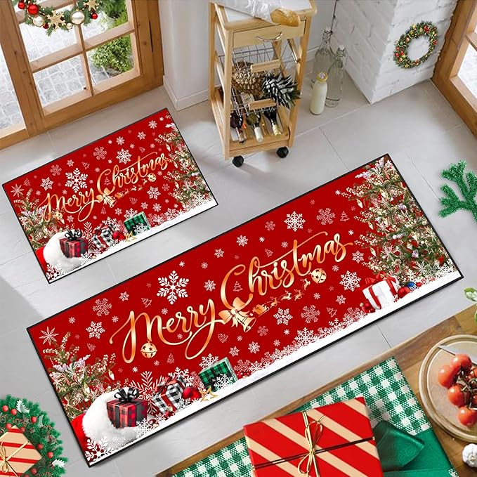ACZHHZC Merry Christmas Kitchen Rugs and Mats Set of 2, Winter Snowflake Xmas Tree Holiday Home Kitchen Decor Floor Mats, Washable Non-Slip Sink Carpet (Christma 3, 17"x47"+17"x30")