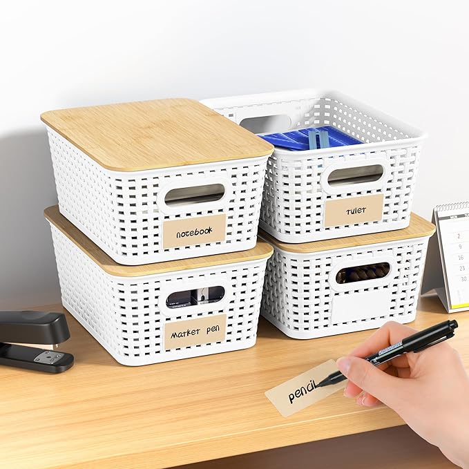 6 Pieces White Plastic Storage Baskets with Bamboo Lids with Labels Stackable Storage Containers for Organizing Shelves Drawers Desktop Closets Office