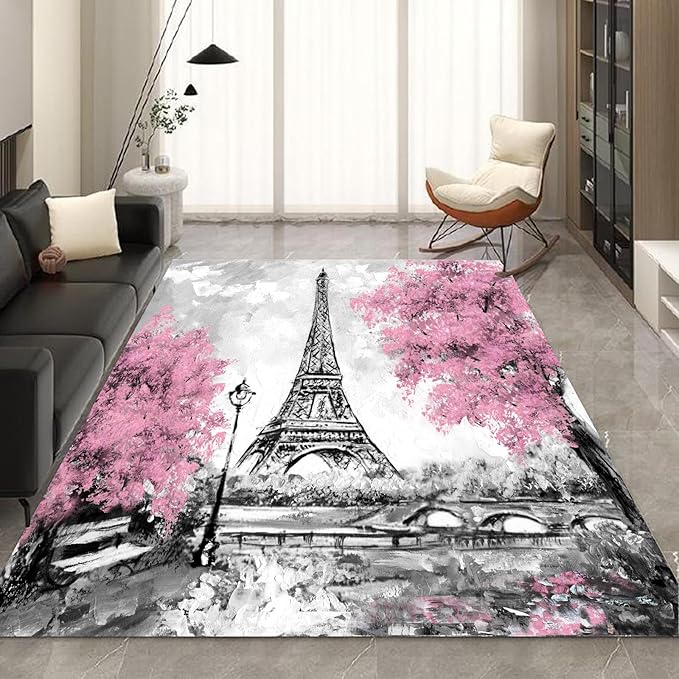 kxry 5 * 7 Feet Pink and White Paris Eiffel Tower Soft Area Rugs for Kids Girls Women Couple Lover Flower Floor Carpet for Living Room Bedroom Dorms Nursery Rooms Home Decor Aesthetic