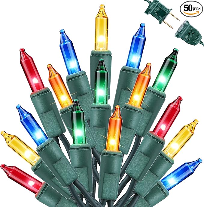 Toodour Multicolor Christmas Lights, 12.5ft 50 Count Incandescent Christmas String Lights, UL Certified Connectable Green Wire Xmas Lights for Tree, Holiday, Party, New Year, Indoor Xmas Decorations