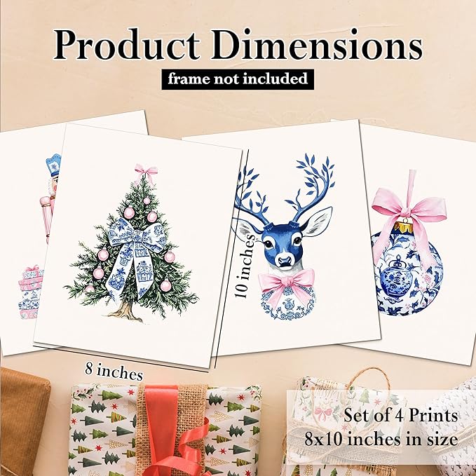 DOFQZ Pink Chinoiserie Christmas Wall Art Prints Set of 4, Grandmillenial Christmas Decor, Preppy Bauble Xmas Tree Nutcracker Reindeer Holiday Posters for Girls Dorm Apartment Decor, 8x10 Unframed