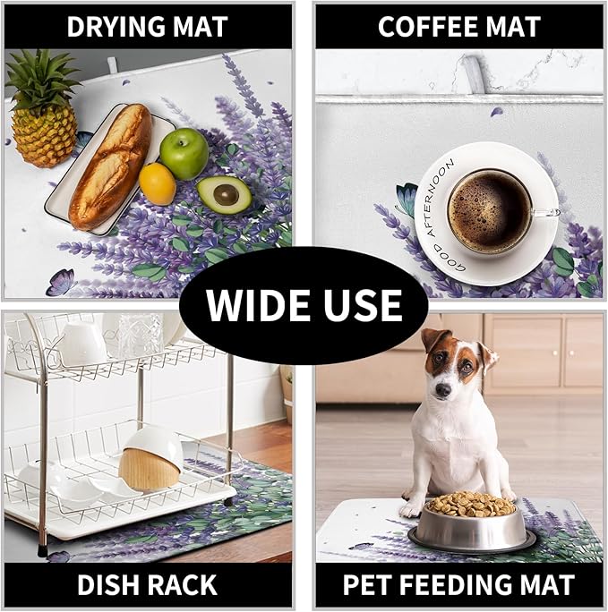 Purple Lavender Dish Drying Mat for Kitchen Counter Spring Summer Floral Microfiber Dish Drainer Mats Green Leaves Butterfly Absorbent Reversible Dish Drainer Rack Mat 16x18 Inch
