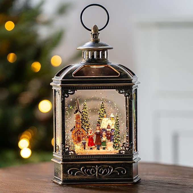Musical Snow Globe Lantern Lighted Church Carolers Christmas Village Snow Water Lantern Swirling Glittering Home Decoration and Gift, Battery Operated or USB Powered