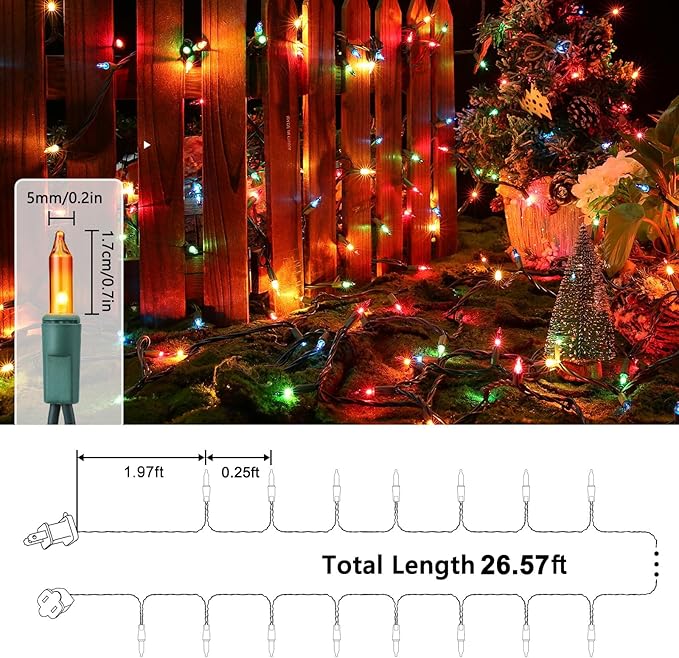 Toodour Multicolor Christmas Lights, 25ft 100 Count Incandescent Christmas String Lights, UL Certified Connectable Green Wire Xmas Lights for Tree, Holiday, Party, New Year, Indoor Xmas Decorations