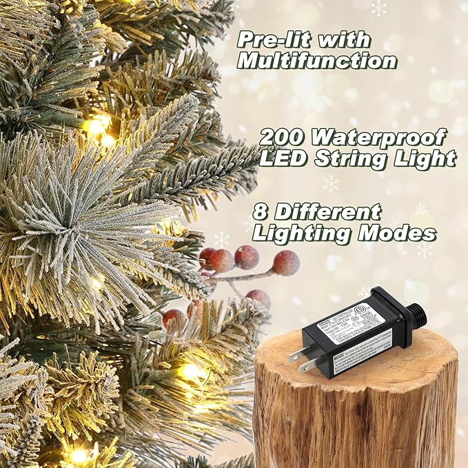 GarveeHome 4.5ft Pre-Lit Flocked Artificial Christmas Tree with Pine Cones, Artificial Xmas Tree w/ 386 Branch Tips & 200 Lights, Antique Urn Base for Home, Party Decoration,2 PCS
