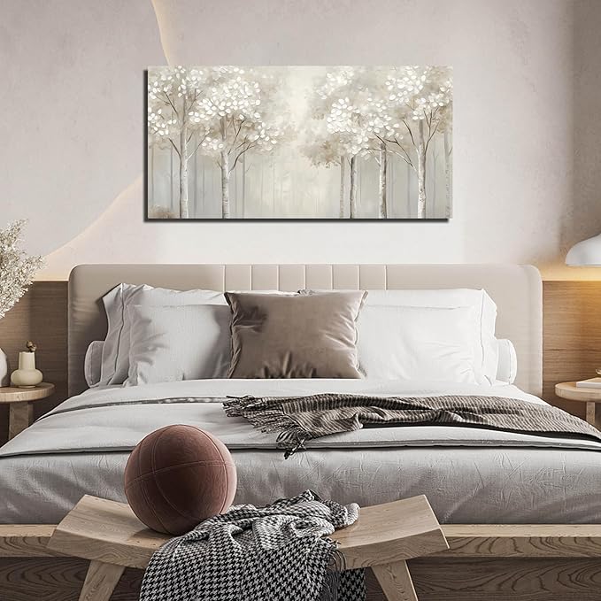 ANCXWOTER Large Forest Wall Art for Living Room White Misty Birch Tree Picture for Bedroom Office Modern Landscapes Canvas Prints Ready to Hang 24x48 Inch