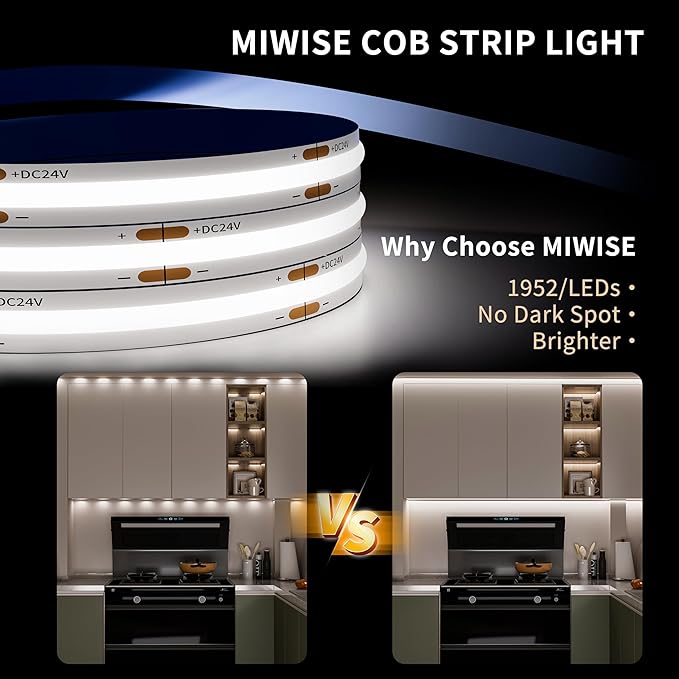 MIWISE COB LED Strip Light 20ft/6.1m,CRI 90+ Daylight White 6000K High Lumen Dimmable Super Bright Flexible DC24V LED Tape Light with Controller/Dimmer,for Cabinet Home Office DIY Lighting Projects