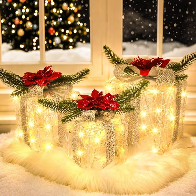 Christmas Decorations, Set of 3 Christmas Lighted Gift Boxes, Decorative Acrylic Light Up Present Gift Boxes with Timer for Weddings Holiday Indoor Outdoor Xmas Tree Decor