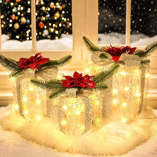 Christmas Decorations, Set of 3 Christmas Lighted Gift Boxes, Decorative Acrylic Light Up Present Gift Boxes with Timer for Weddings Holiday Indoor Outdoor Xmas Tree Decor