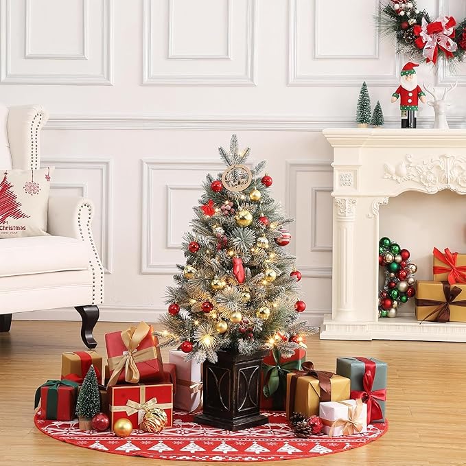 3ft Christmas Tree Pre-Lit Artificial Christmas Tree with Vintage Potted Base, Flocked Snow 78 Warm White LED Lights 8 Lighting Modes, Xmas Holiday Decor for Home, Entrances