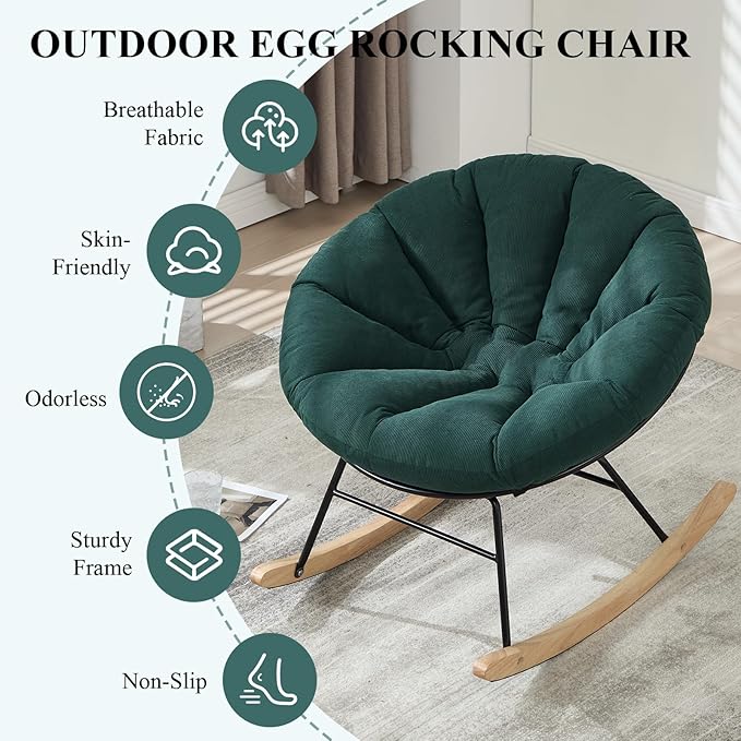NIOIIKIT Nursery Saucer Rocking Chair, Corduroy Upholstered Round Glider Chair, Nursing Chair with Comfy Cushion, Tufted Papasan Chair, Cozy Reading Chair for Living Room, Bedroom (Green)