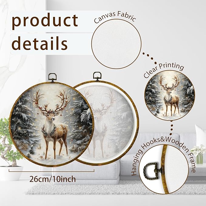 XPH Christmas Reindeer Round Wall Art Framed, Cottage Winter Forest Wildlife Deer Circle Wall Decor, Rustic Xmas Cozy Winter Hanging Canvas Prints for Home Bedroom Living Room Decoration, 10x10 Inch
